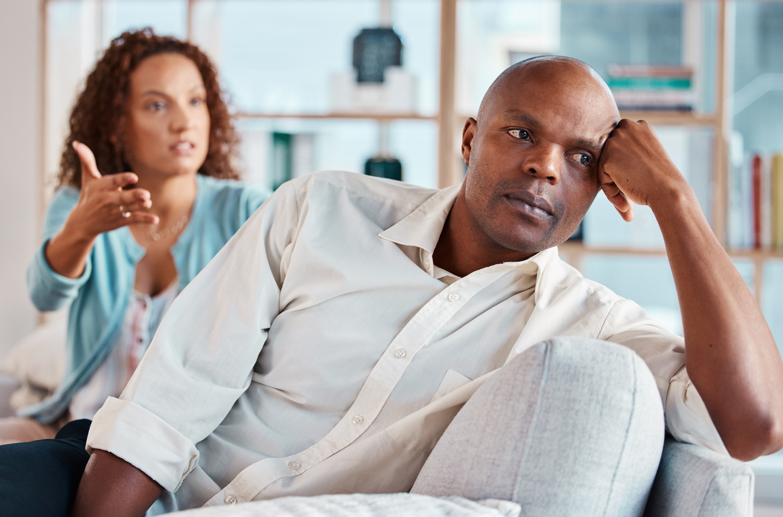 Couple, Fight and Ignore on Sofa for Problems, Breakup and Bad Communication in Lounge. Divorce, Crisis and Frustrated People in Conflict, Angry Partner and Betrayal of Cheating, Drama and Depression